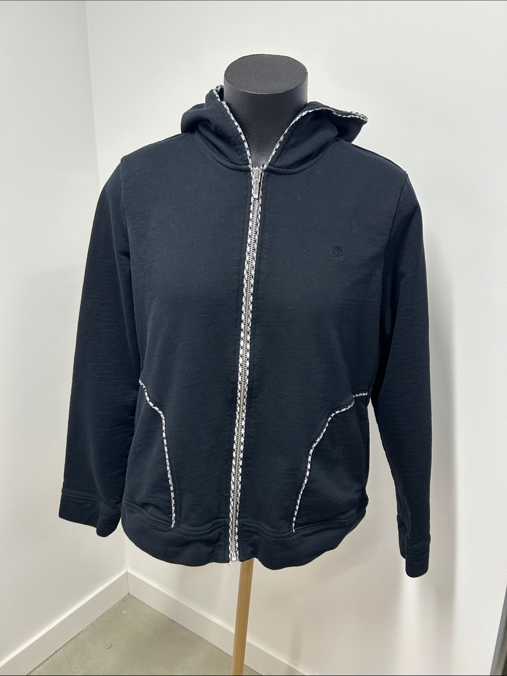 Lauren Ralph Lauren Black Full Zip Hoodie Houndstooth Trim XL